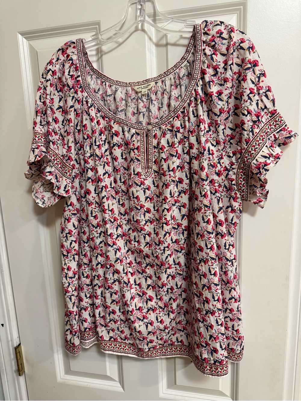 Max Studio Cream Blouse with Pink and Blue Floral Print